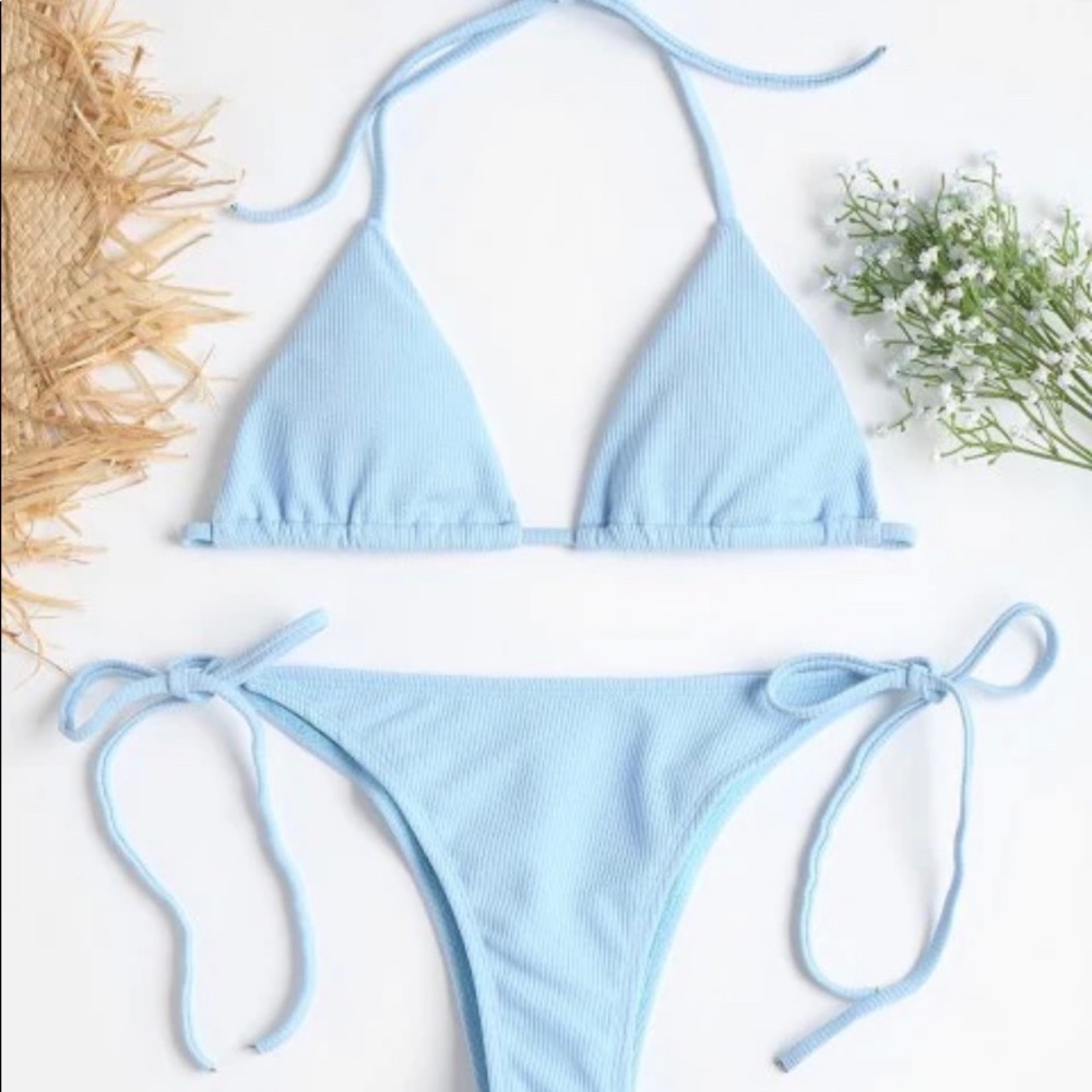Light Blue Ribbed String Bikini - Picture 2 of 4